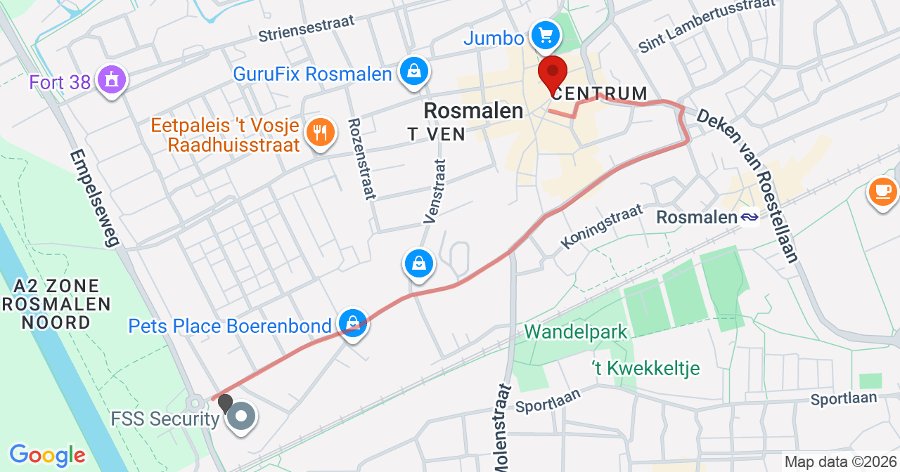 Kaart van het incident in Rosmalen met de aanrijroutes van de gealarmeerde eenheden