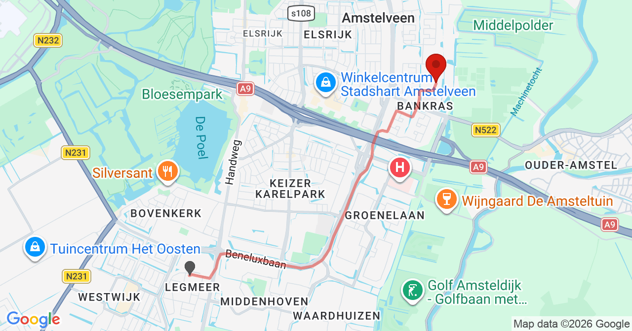 Kaart van het incident in Amstelveen met de aanrijroutes van de gealarmeerde eenheden