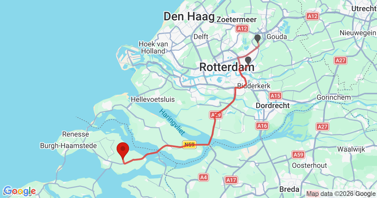 Kaart van het incident in Nieuwerkerk met de aanrijroutes van de gealarmeerde eenheden