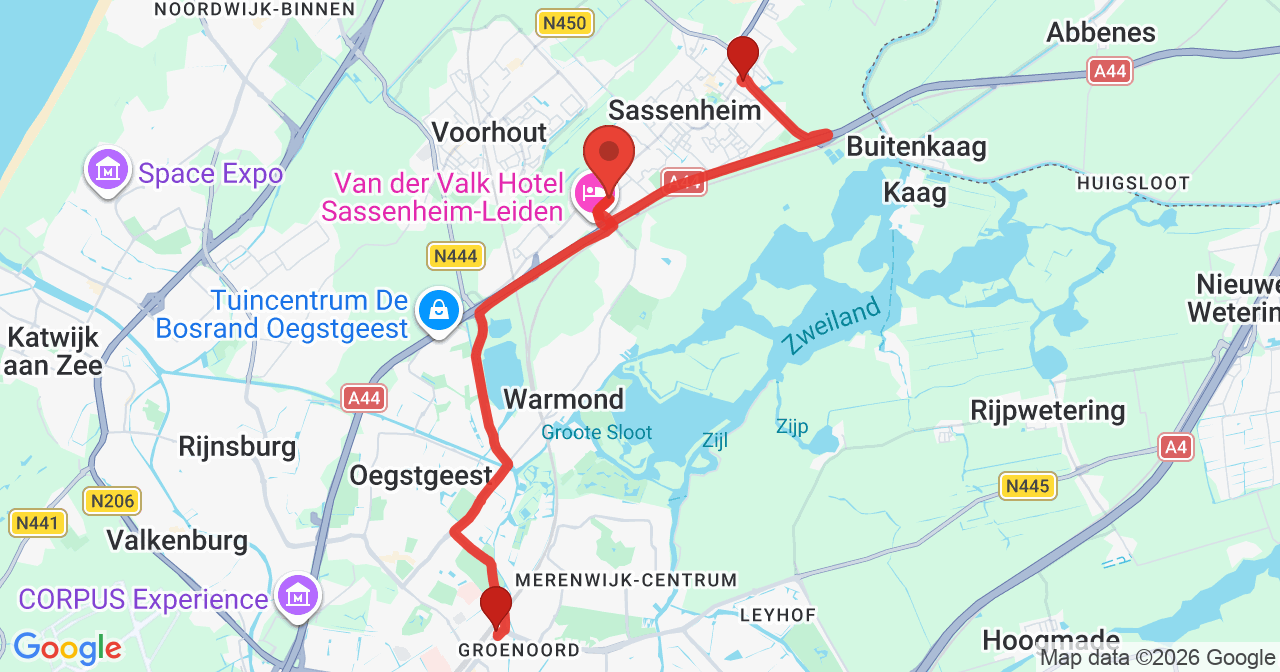 Kaart van het incident in Sassenheim met de aanrijroutes van de gealarmeerde eenheden
