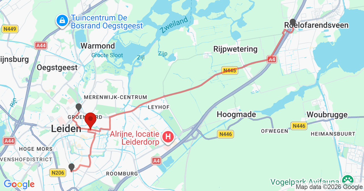 Kaart van het incident in Leiden met de aanrijroutes van de gealarmeerde eenheden