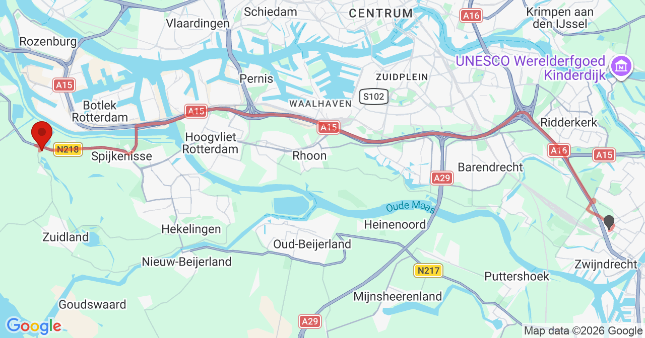 Kaart van het incident in Dordrecht met de aanrijroutes van de gealarmeerde eenheden