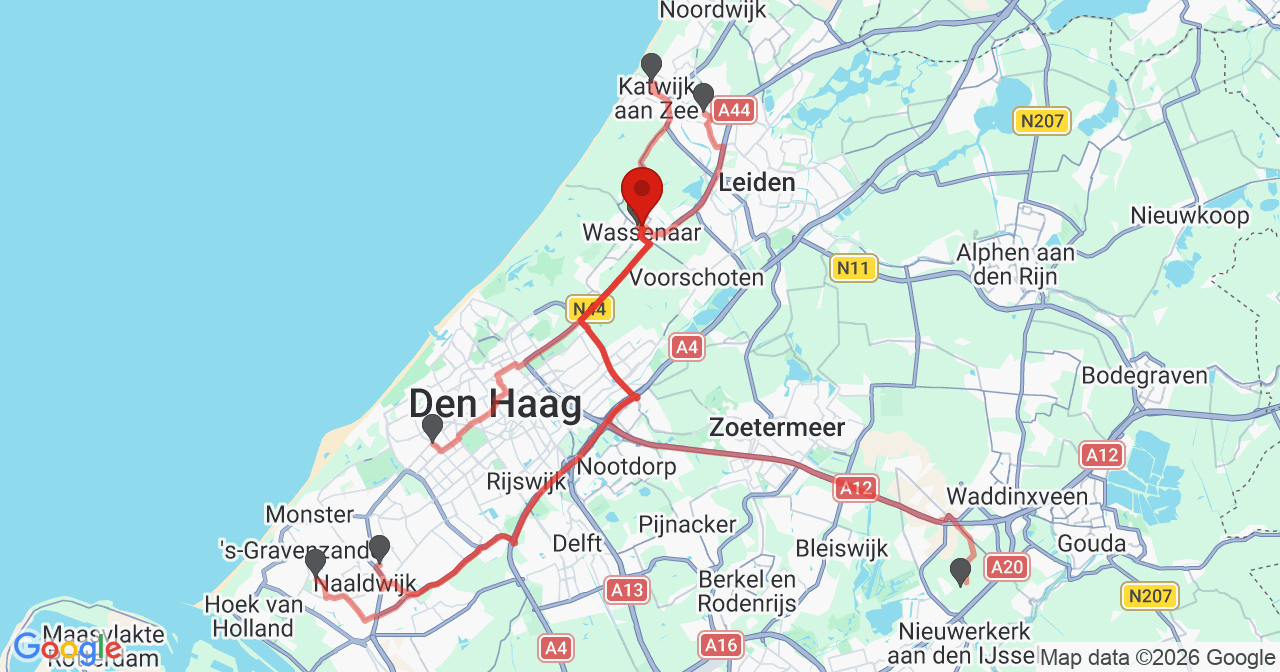 Kaart van het incident in Wassenaar met de aanrijroutes van de gealarmeerde eenheden