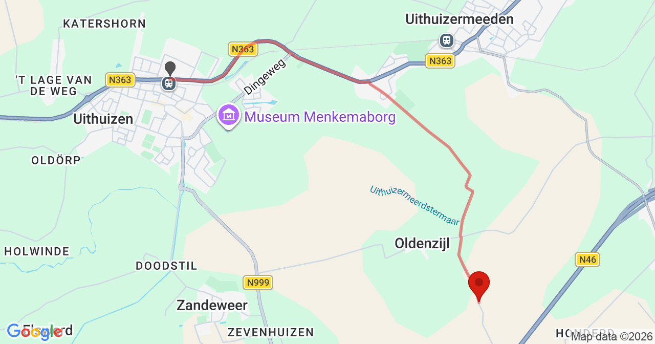 Kaart van het incident in Oldenzijl met de aanrijroutes van de gealarmeerde eenheden
