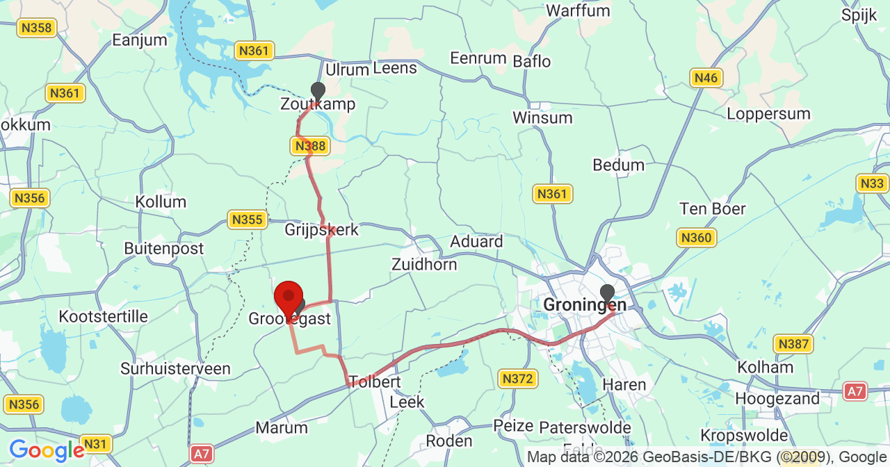 Kaart van het incident in Grootegast met de aanrijroutes van de gealarmeerde eenheden