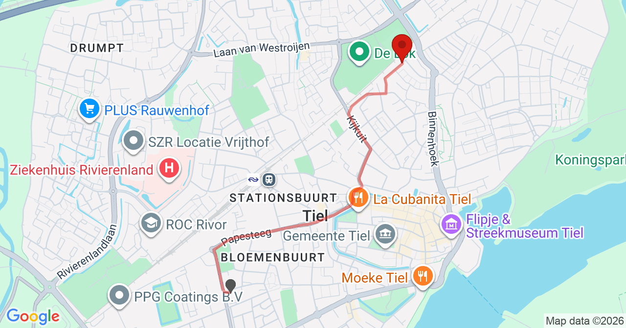 Kaart van het incident in Tiel met de aanrijroutes van de gealarmeerde eenheden