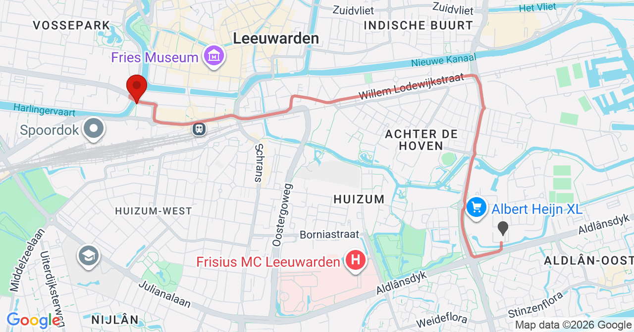 Kaart van het incident in Leeuwarden met de aanrijroutes van de gealarmeerde eenheden