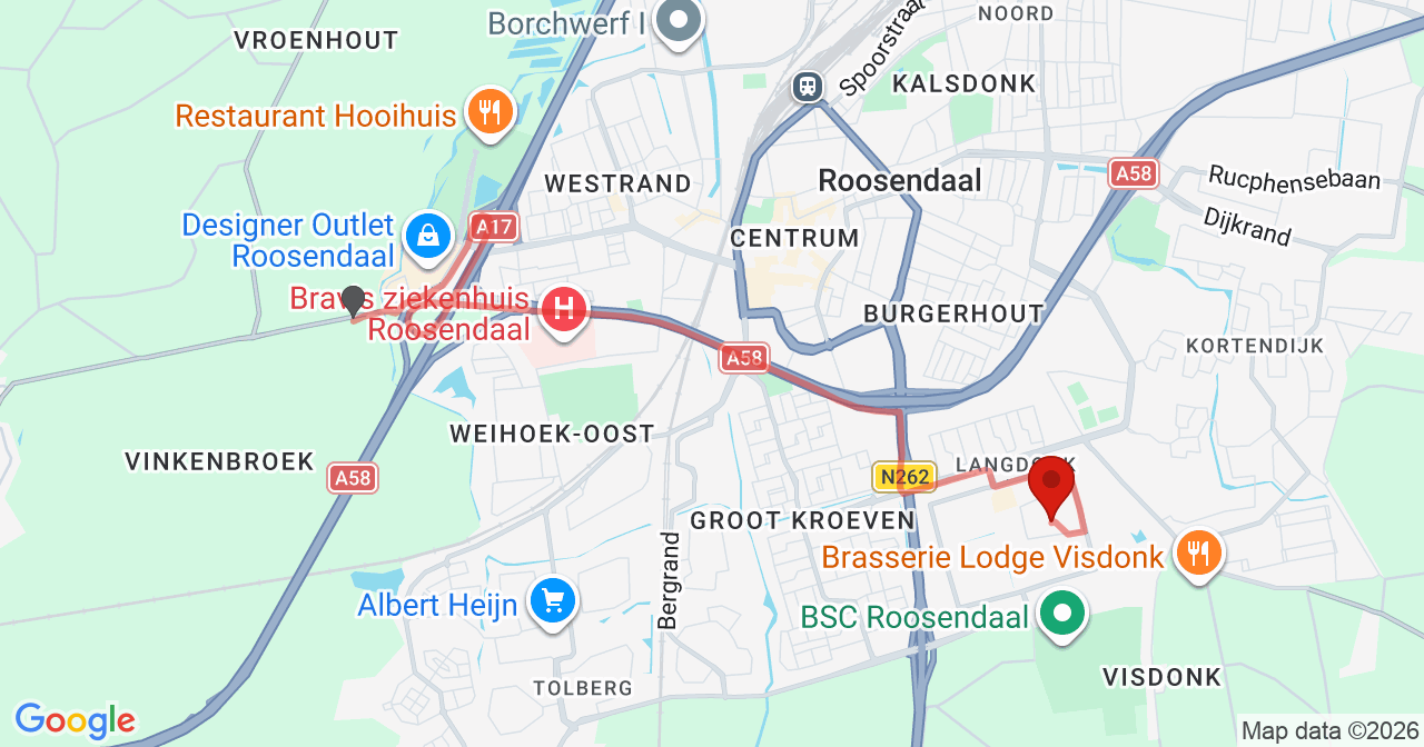 Kaart van het incident in Roosendaal met de aanrijroutes van de gealarmeerde eenheden