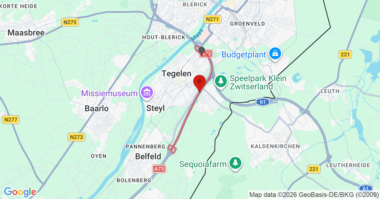 Kaart van het incident in Tegelen met de aanrijroutes van de gealarmeerde eenheden