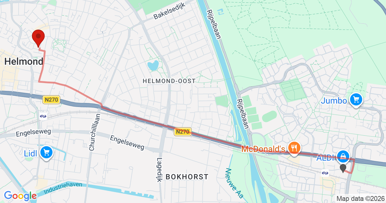 Kaart van het incident in Helmond met de aanrijroutes van de gealarmeerde eenheden