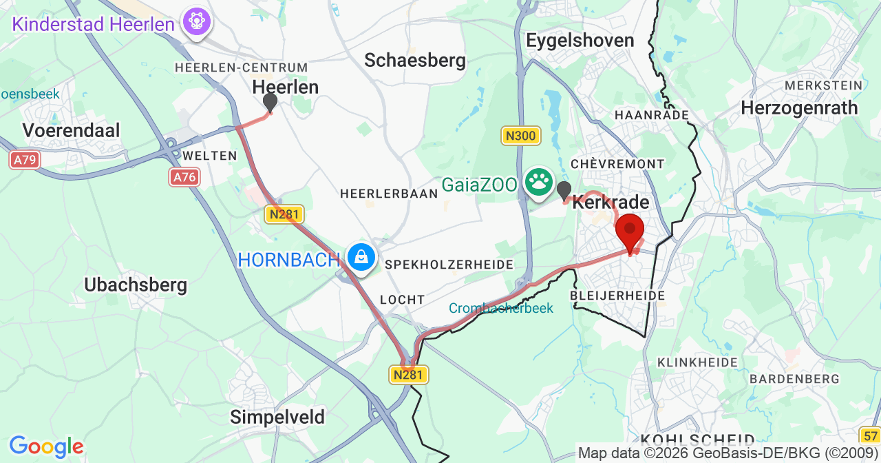Kaart van het incident in Kerkrade met de aanrijroutes van de gealarmeerde eenheden
