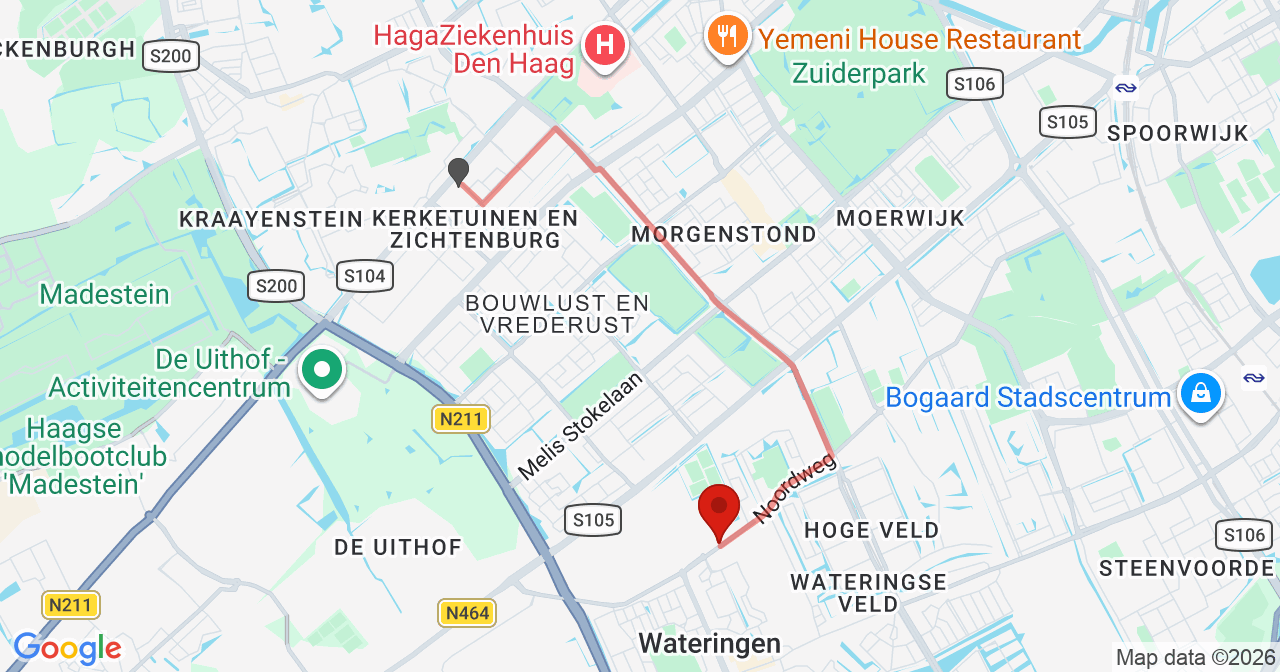 Kaart van het incident in Wateringen met de aanrijroutes van de gealarmeerde eenheden