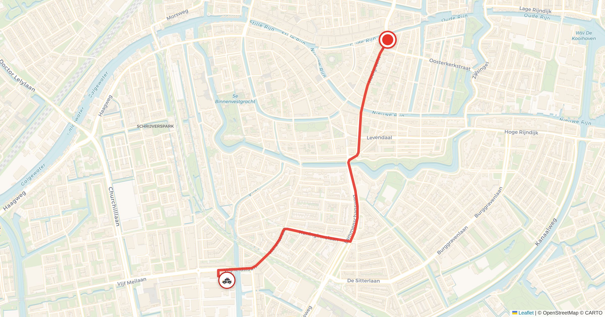 Kaart van het incident in Leiden met de aanrijroutes van de gealarmeerde eenheden