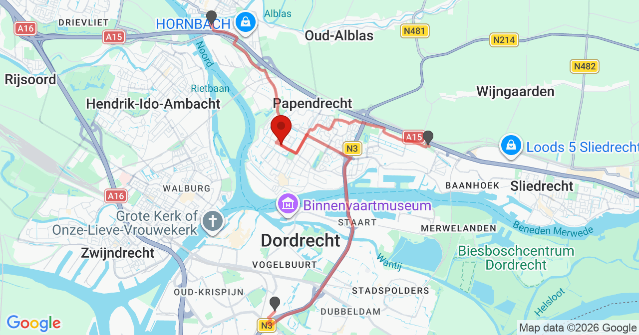 Kaart van het incident in Papendrecht met de aanrijroutes van de gealarmeerde eenheden