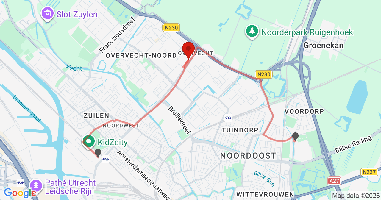 Kaart van het incident in Utrecht met de aanrijroutes van de gealarmeerde eenheden