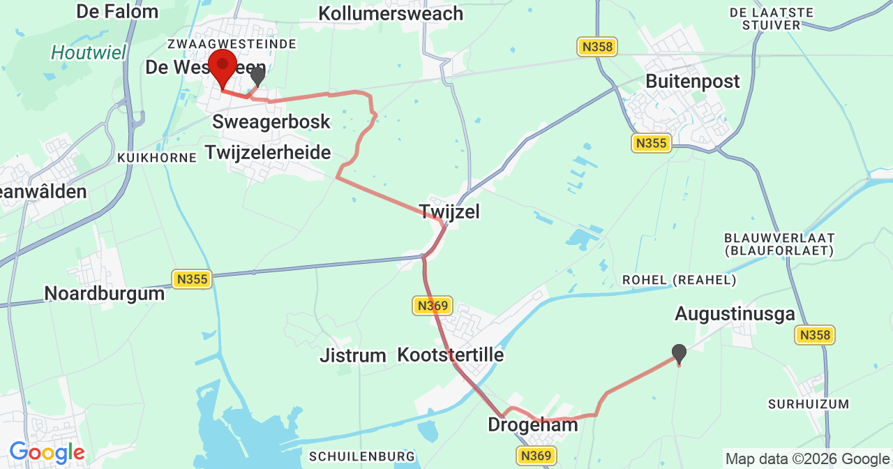 Kaart van het incident in De Westereen met de aanrijroutes van de gealarmeerde eenheden
