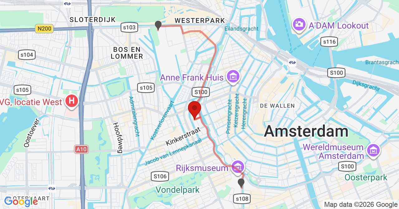 Kaart van het incident in Amsterdam met de aanrijroutes van de gealarmeerde eenheden