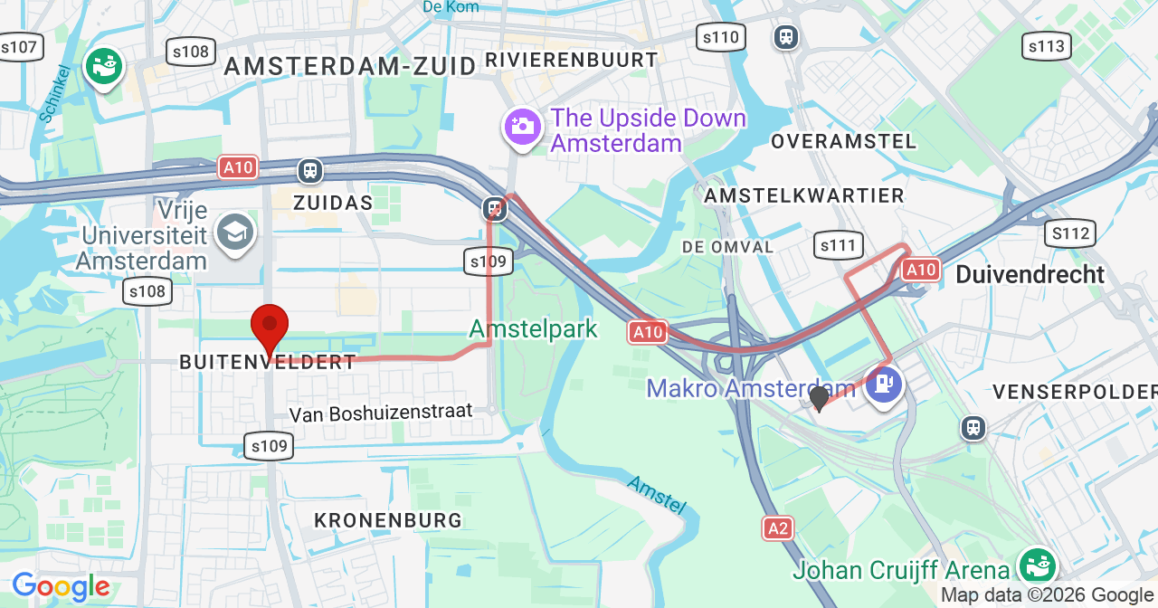 Kaart van het incident in Amsterdam met de aanrijroutes van de gealarmeerde eenheden