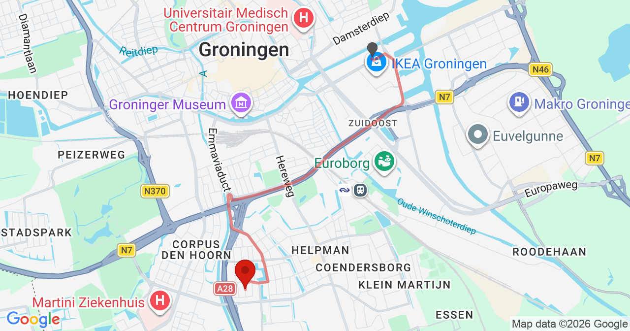Kaart van het incident in Groningen met de aanrijroutes van de gealarmeerde eenheden