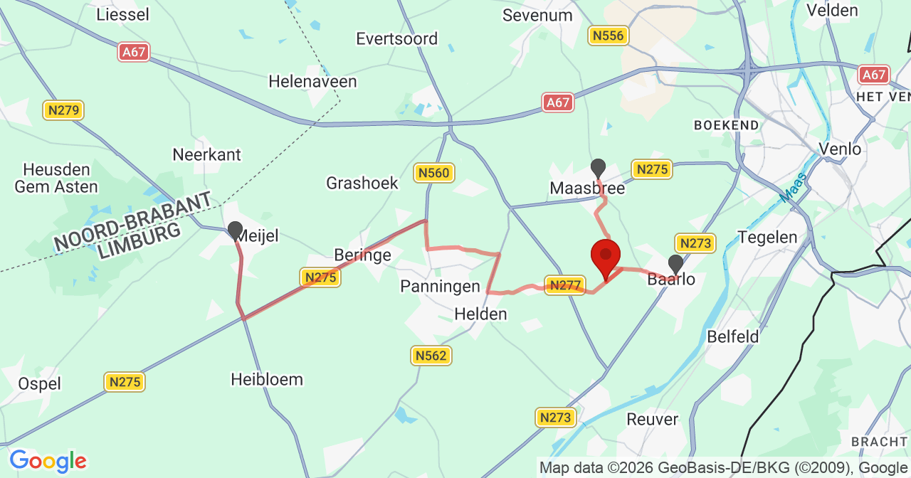 Kaart van het incident in Baarlo met de aanrijroutes van de gealarmeerde eenheden