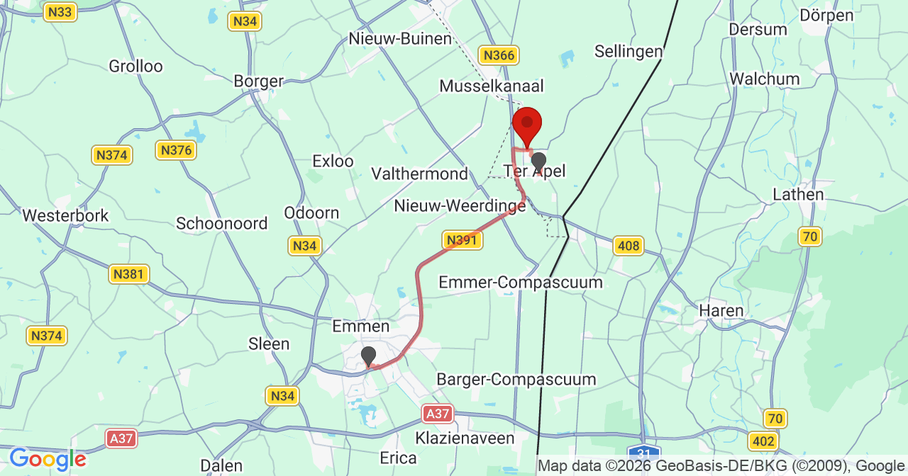 Kaart van het incident in Ter Apel met de aanrijroutes van de gealarmeerde eenheden