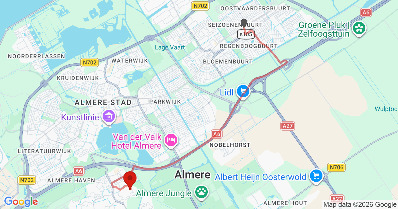 Kaart van het incident in Almere met berekende routes vanaf gealarmeerde posten