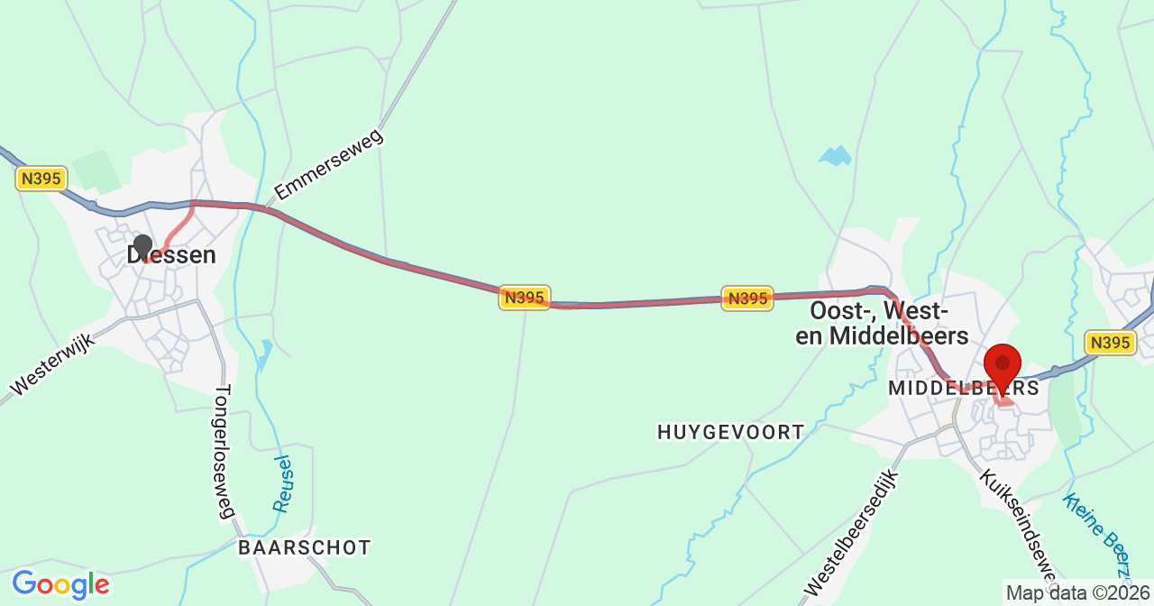 Kaart van het incident in Middelbeers met de aanrijroutes van de gealarmeerde eenheden