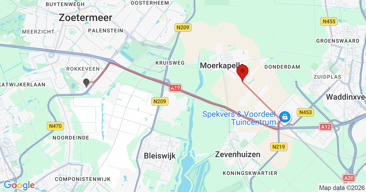Kaart van het incident in Moerkapelle met de aanrijroutes van de gealarmeerde eenheden