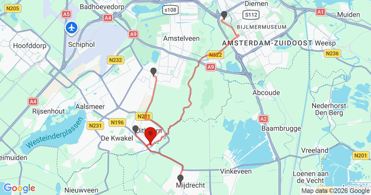 Kaart van het incident in Uithoorn met de aanrijroutes van de gealarmeerde eenheden