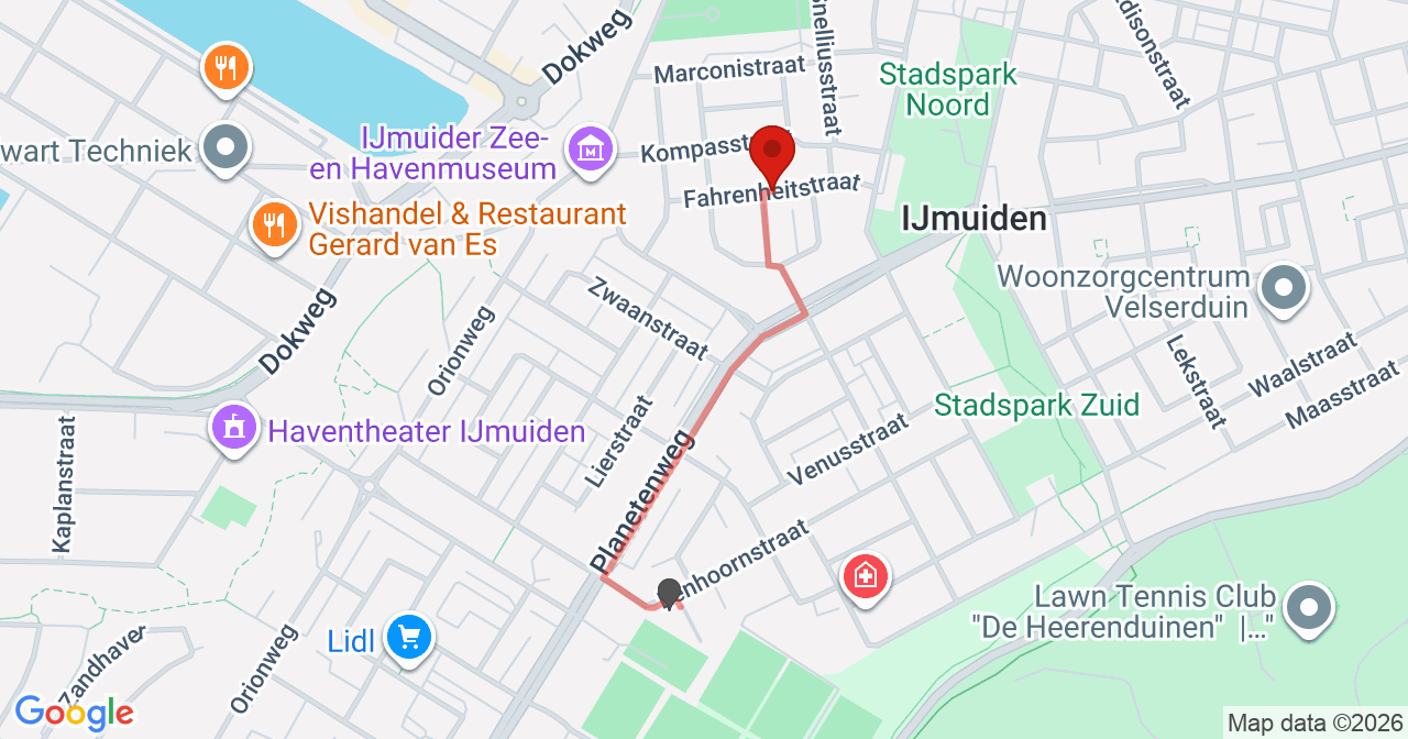 Kaart van het incident in IJmuiden met de aanrijroutes van de gealarmeerde eenheden