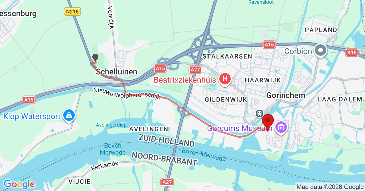Kaart van het incident in Gorinchem met de aanrijroutes van de gealarmeerde eenheden