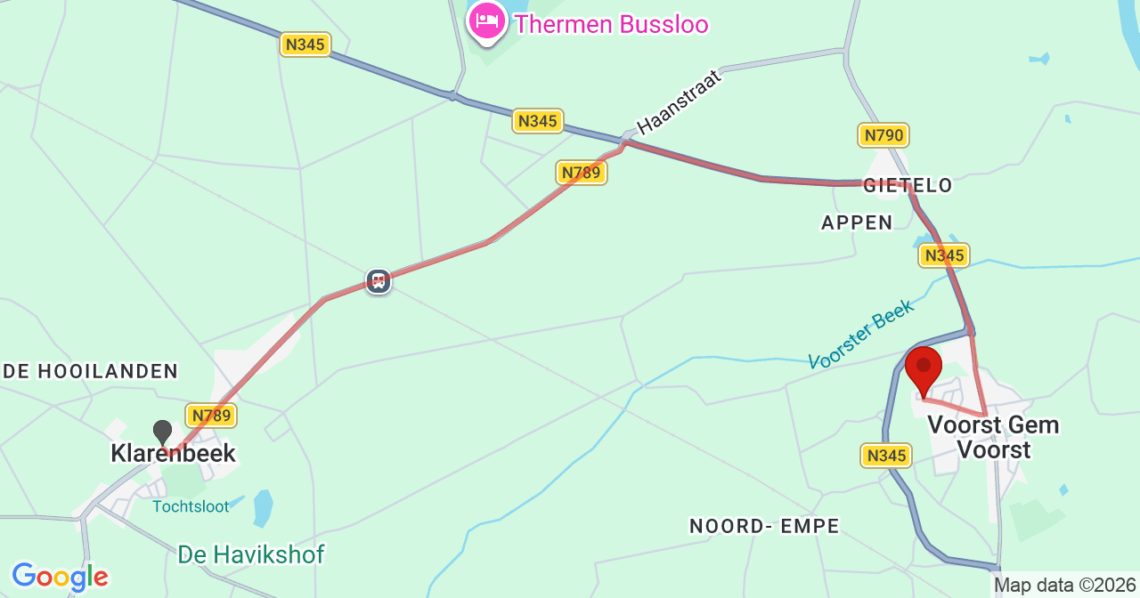 Kaart van het incident in Voorst met de aanrijroutes van de gealarmeerde eenheden