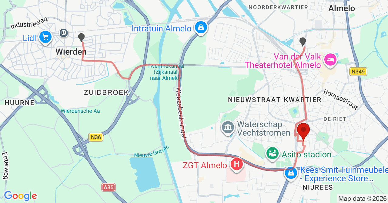 Kaart van het incident in Almelo met de aanrijroutes van de gealarmeerde eenheden