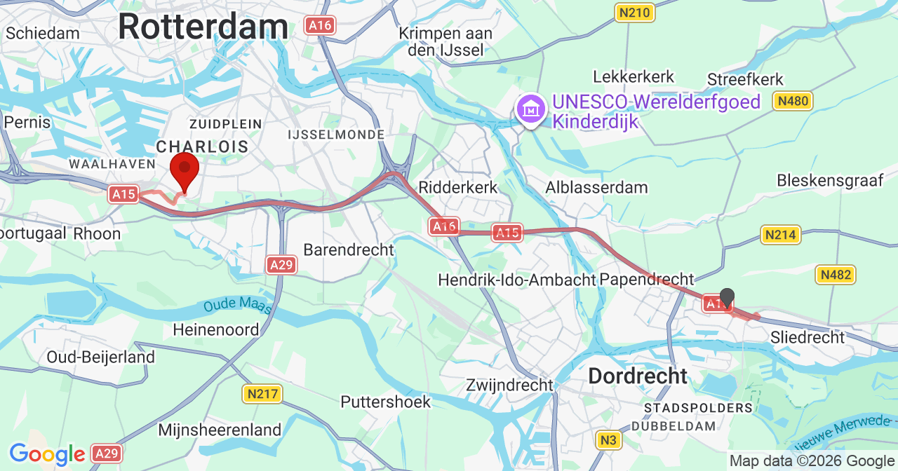 Kaart van het incident in Nieuw-Lekkerland met de aanrijroutes van de gealarmeerde eenheden