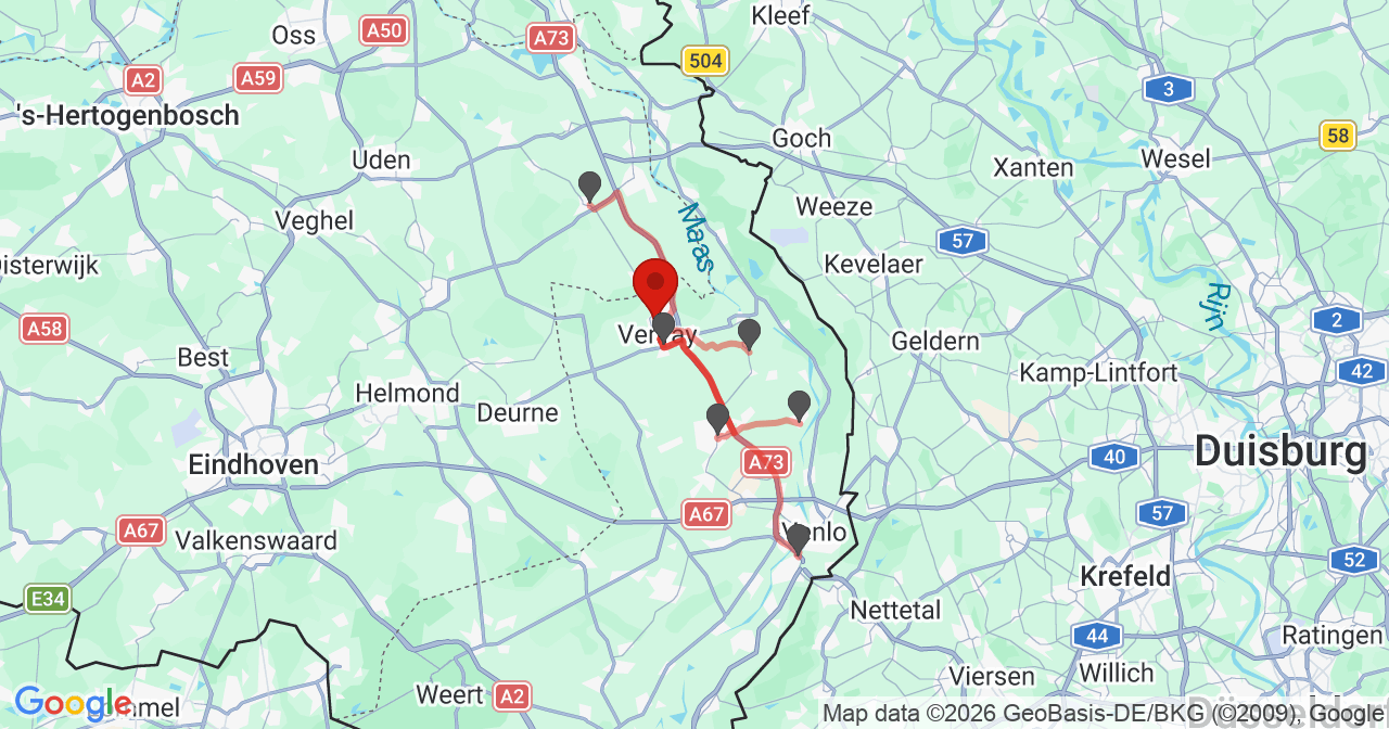 Kaart van het incident in Venray met de aanrijroutes van de gealarmeerde eenheden