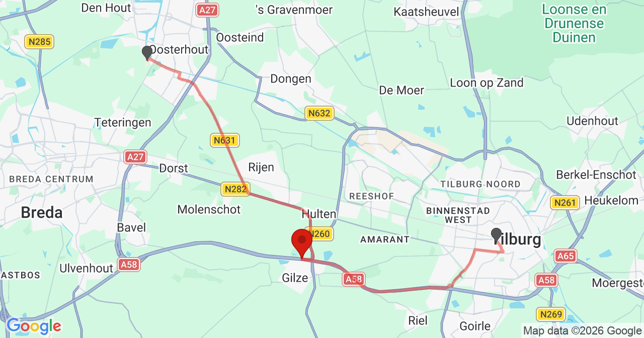 Kaart van het incident in Gilze met de aanrijroutes van de gealarmeerde eenheden