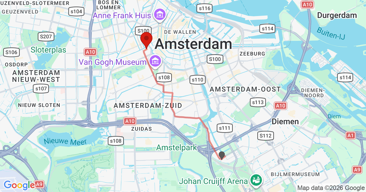 Kaart van het incident in Amsterdam met de aanrijroutes van de gealarmeerde eenheden