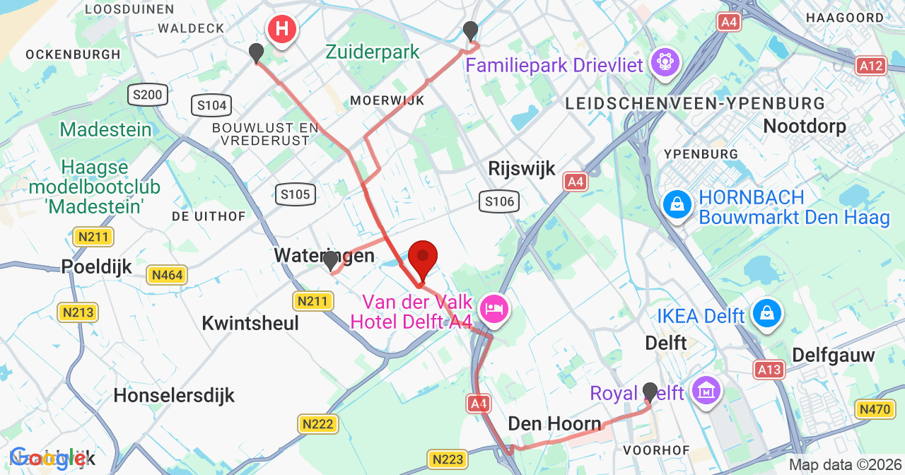 Kaart van het incident in 's-Gravenhage met de aanrijroutes van de gealarmeerde eenheden