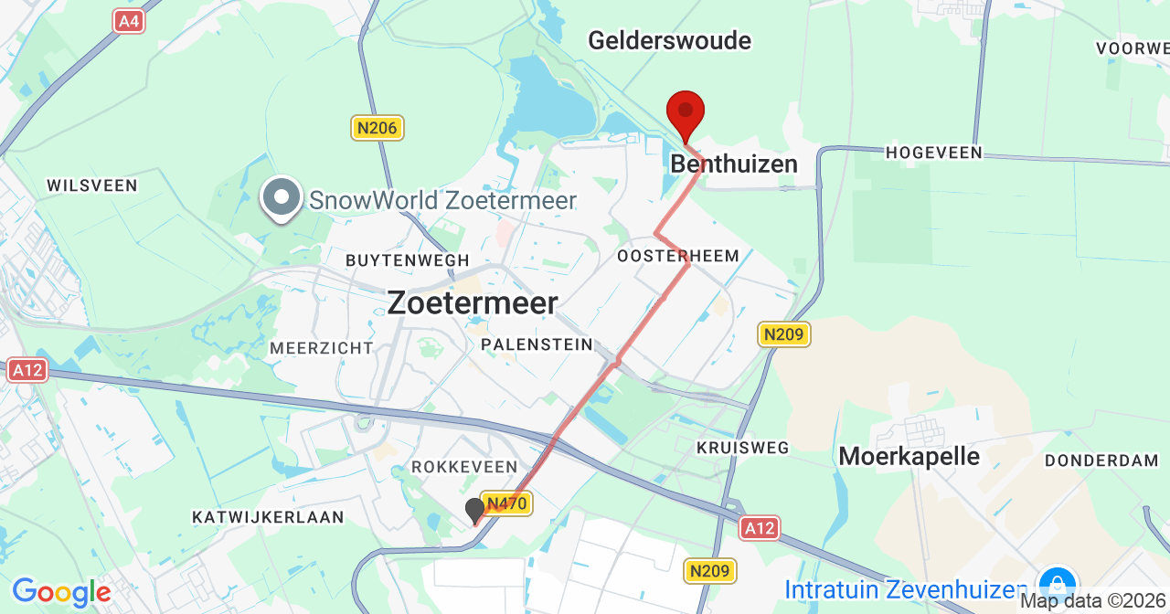 Kaart van het incident in Benthuizen met de aanrijroutes van de gealarmeerde eenheden