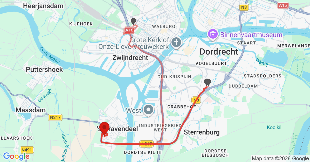 Kaart van het incident in 's-Gravendeel met de aanrijroutes van de gealarmeerde eenheden