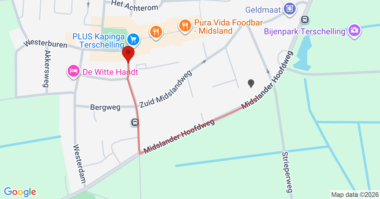 Kaart van het incident in Midsland met de aanrijroutes van de gealarmeerde eenheden