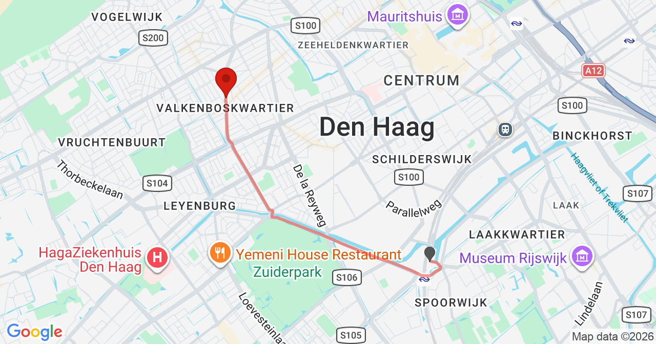 Kaart van het incident in 's-Gravenhage met de aanrijroutes van de gealarmeerde eenheden