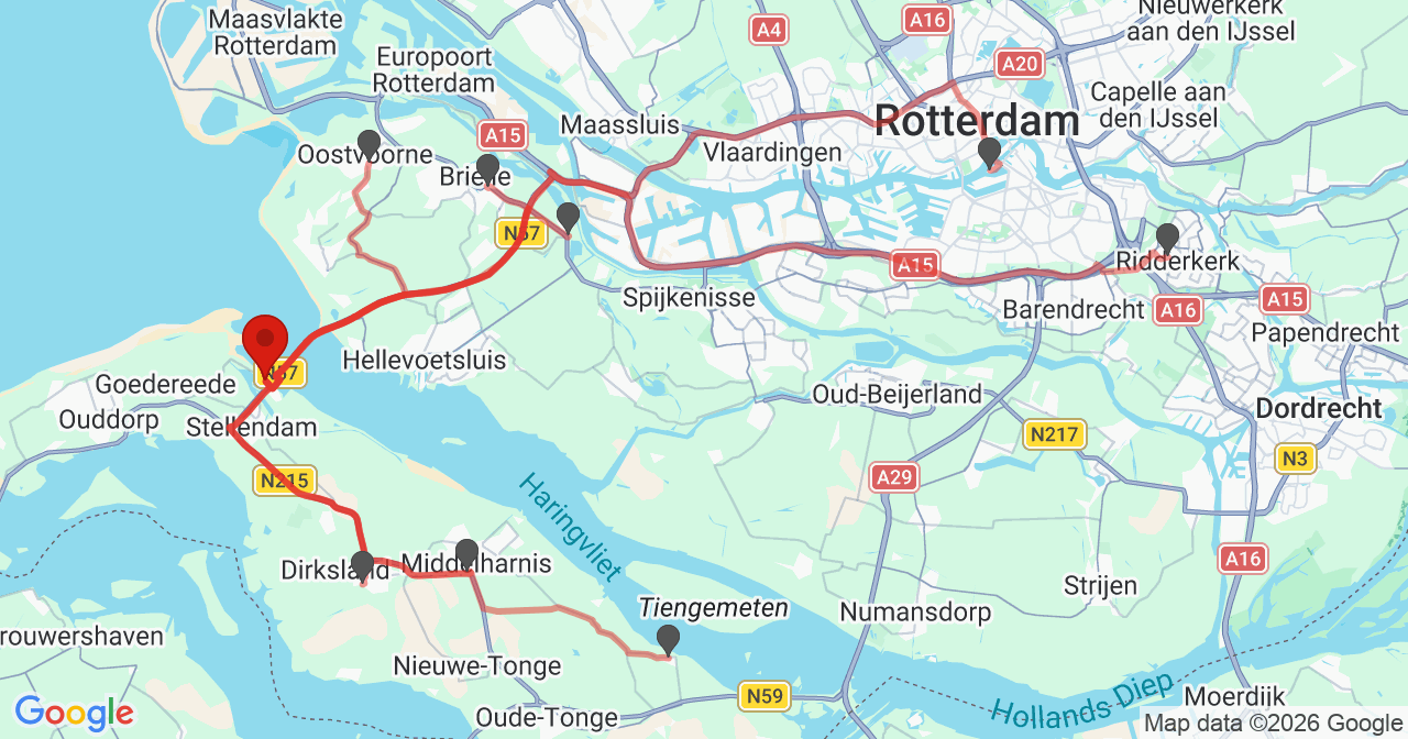 Kaart van het incident in Stellendam met de aanrijroutes van de gealarmeerde eenheden