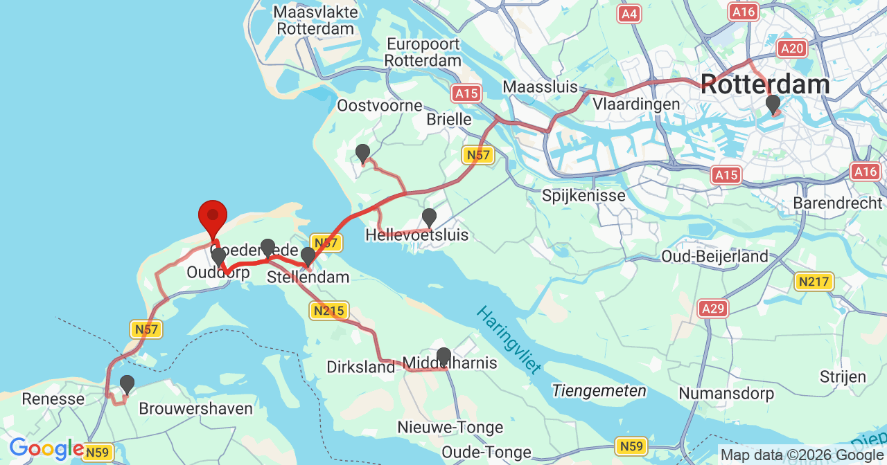 Kaart van het incident in Ouddorp ZH met de aanrijroutes van de gealarmeerde eenheden