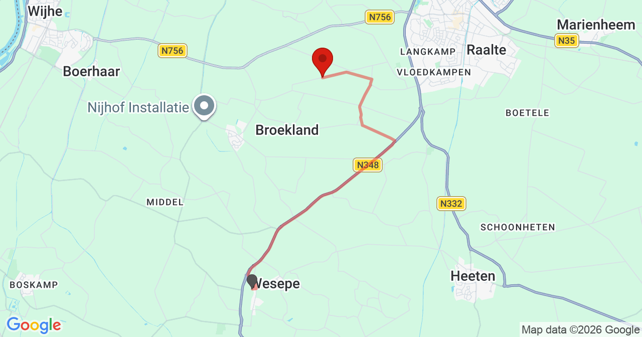 Kaart van het incident in Broekland met de aanrijroutes van de gealarmeerde eenheden