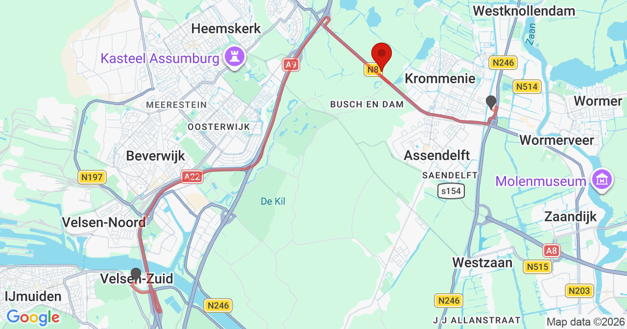Kaart van het incident in Uitgeest met de aanrijroutes van de gealarmeerde eenheden