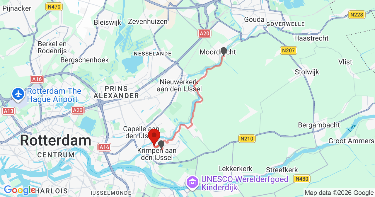 Kaart van het incident in Krimpen aan den IJssel met de aanrijroutes van de gealarmeerde eenheden