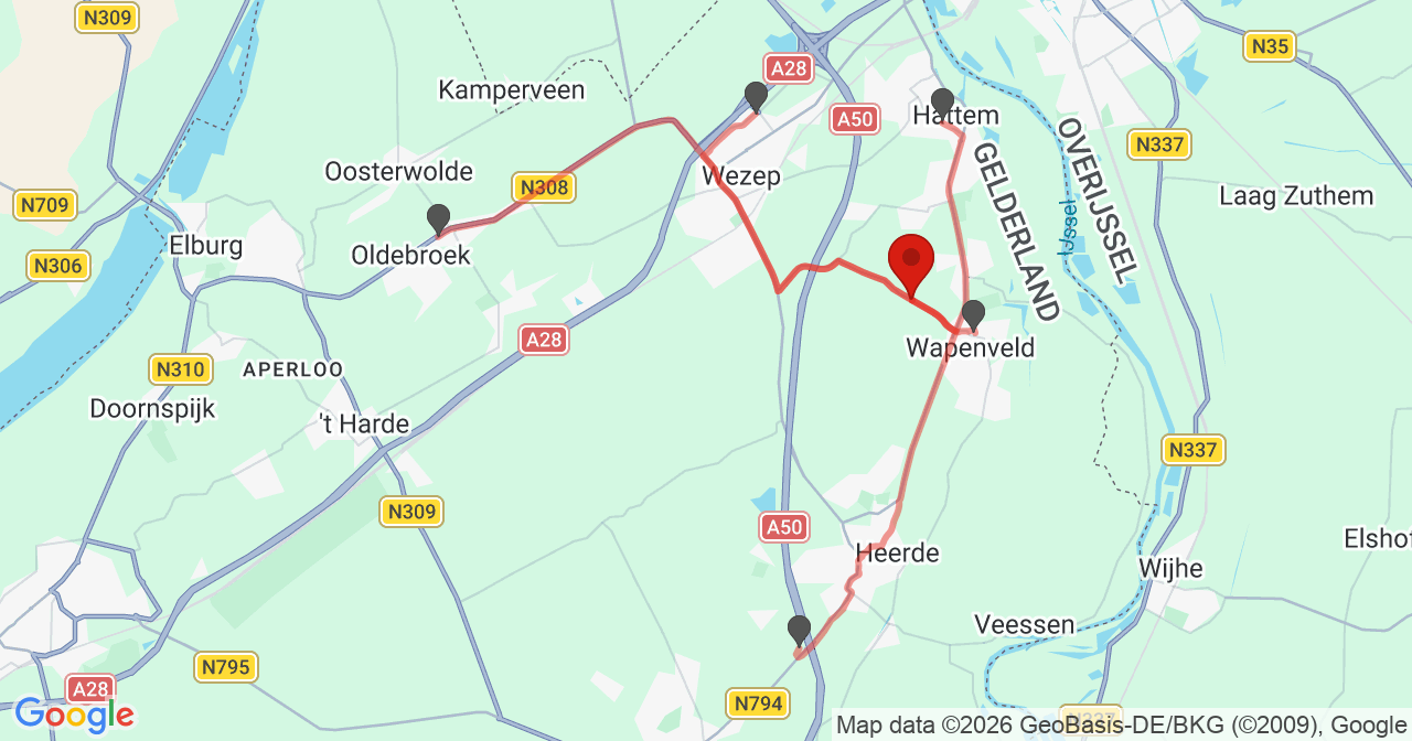 Kaart van het incident in Wapenveld met de aanrijroutes van de gealarmeerde eenheden
