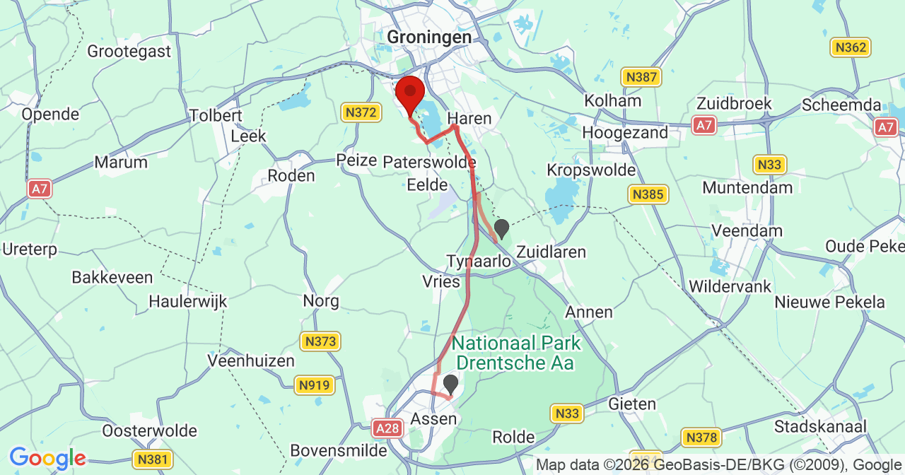 Kaart van het incident in Eelderwolde met de aanrijroutes van de gealarmeerde eenheden