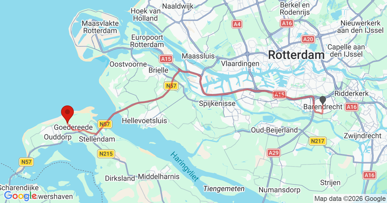 Kaart van het incident in Goedereede met de aanrijroutes van de gealarmeerde eenheden